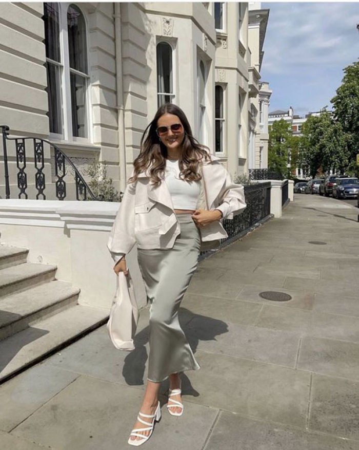 White jackets with long skirt.